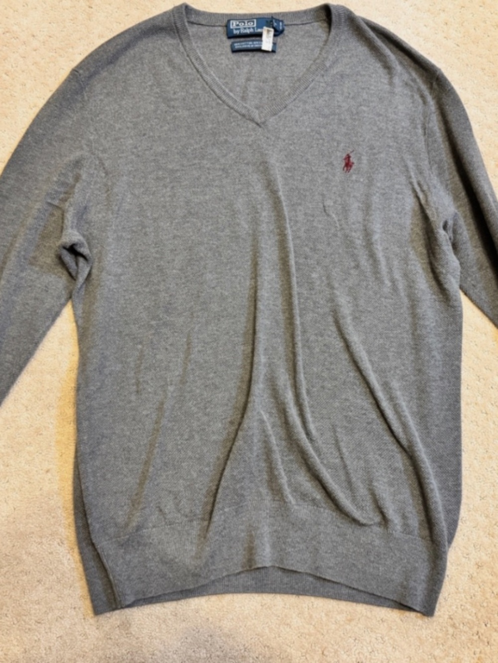 Polo Ralph Lauren Men’s L Grey Cotton/Cashmere V-Neck Pullover Sweater Vintage